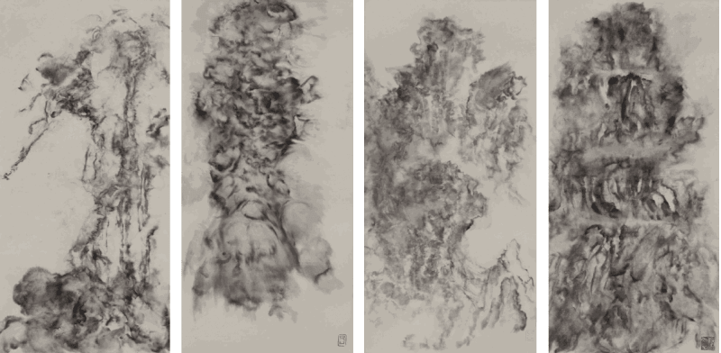 Bingyi 冰逸, “Land of Immortals,” from left to right: Green Dragon, White Tiger, Vermillion Phoenix, Black Tortoise and Snake《众神之地》系列，从左至右：《四神之⻘⻰》、《四神之白⻁》、《四神之朱雀》、《四神之玄武和蛇》, ink on paper 纸本水墨, 66 × 33 cm (each scroll 每卷) , 2021.